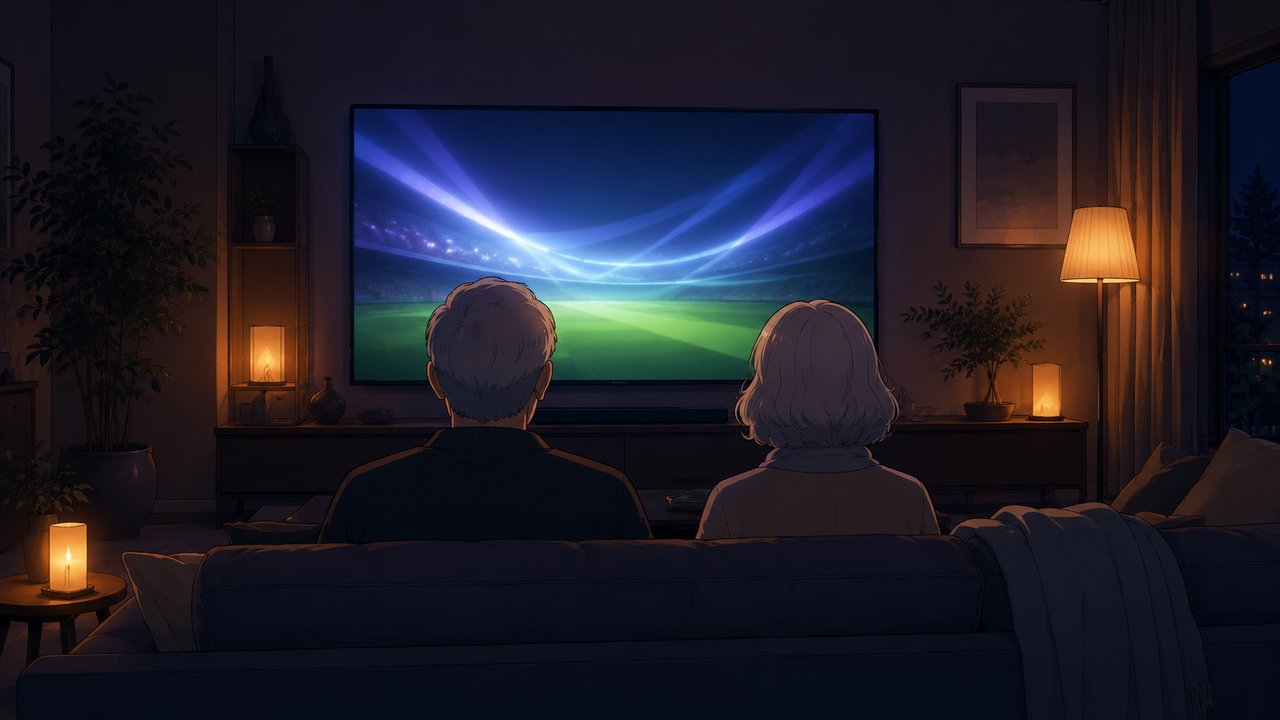 暗くした部屋の大画面テレビに、コンサートのステージ照明を思わせる抽象的な光の帯と、スポーツフィールド風の緑の色面が映る。静かに見入る夫婦の後ろ姿。青と暖色の光。劇場アニメ調セル画