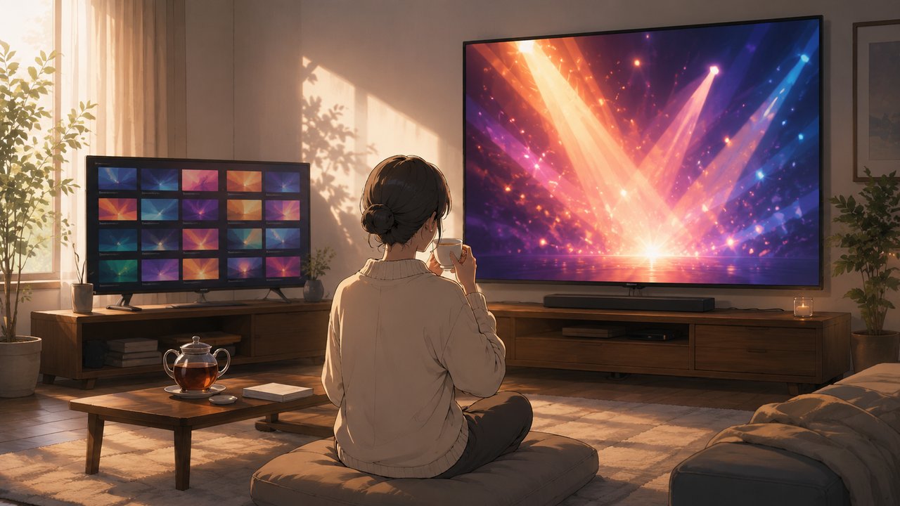 片側にたくさんのサムネイル風の色面が並ぶ画面、もう片側に一点集中のライブ映像風の光。その間で穏やかに茶を飲む人物の後ろ姿。柔らかい午後の光。劇場アニメ調セル画