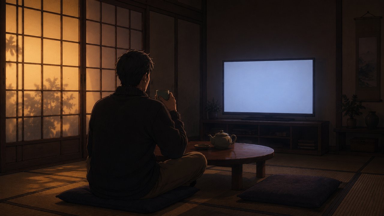 夜の和室で湯呑みを手にテレビをぼんやり眺める中年男性の後ろ姿、障子越しのやわらかな灯り