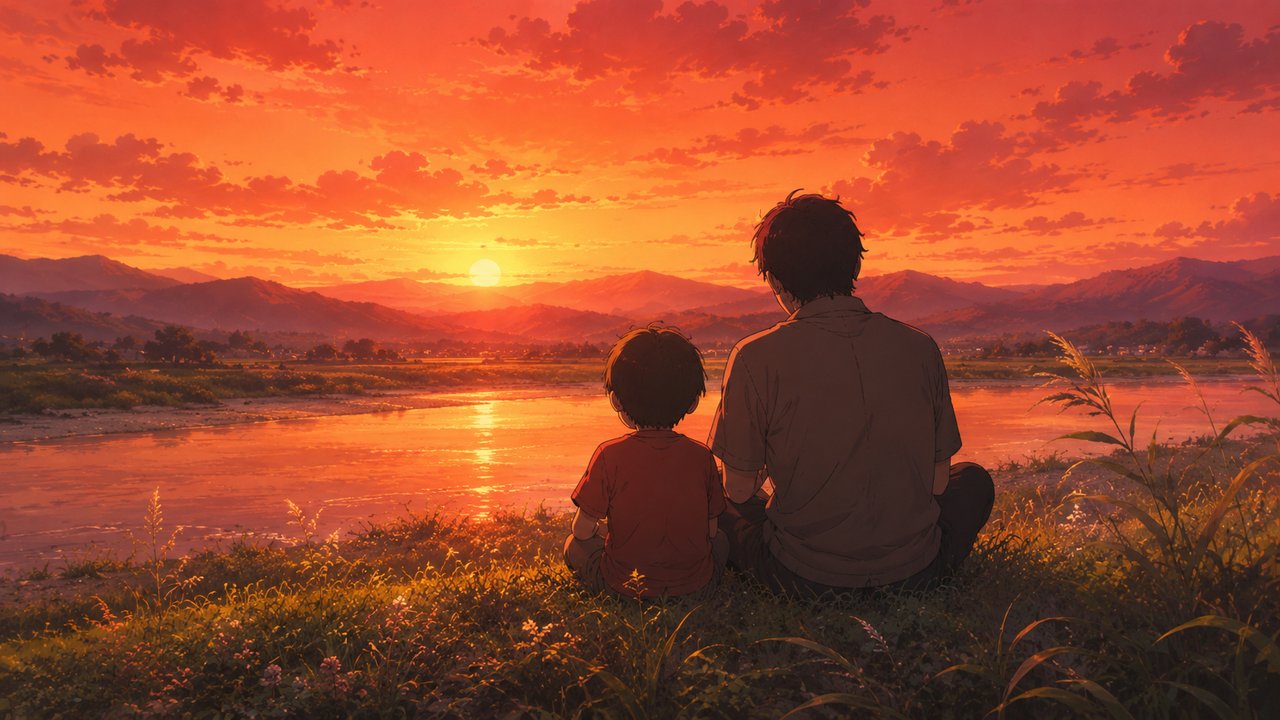 夏の夕暮れ、川辺の土手に並んで座り茜色の空を眺める親子の後ろ姿、遠くに連なる山なみ