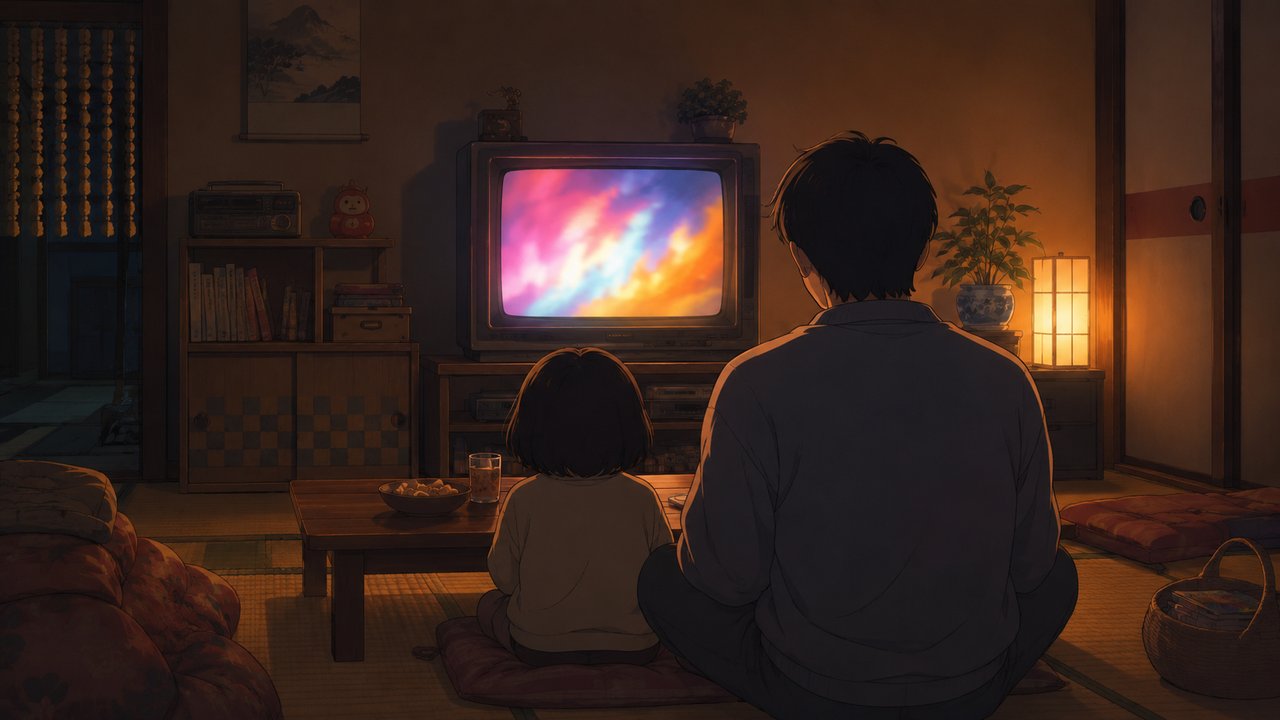 1980年代の居間でブラウン管テレビのアニメを親子で見る後ろ姿、温かい光