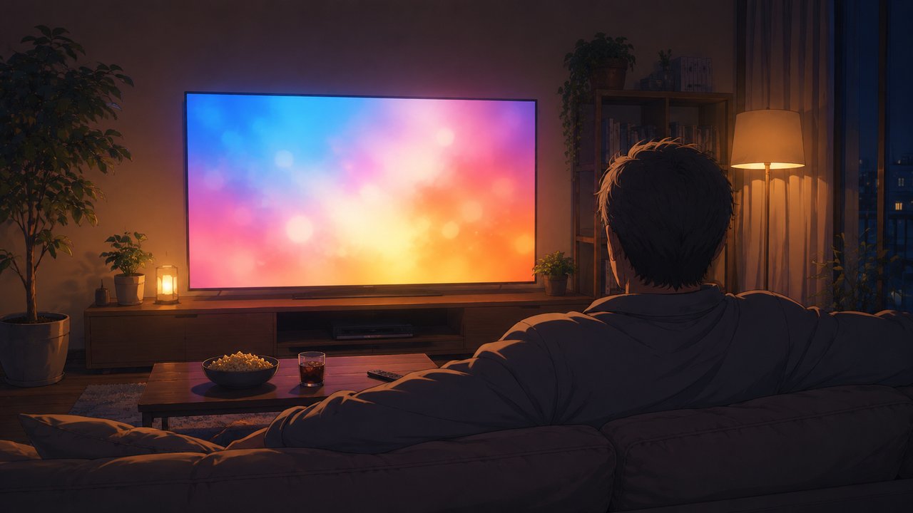 現代のリビングで大画面テレビのアニメを見る中年男性の後ろ姿、穏やかな夜の照明
