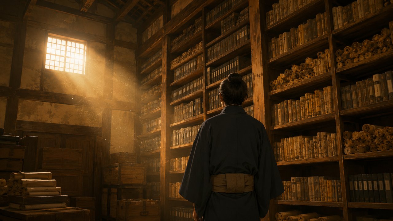 行灯の光が差し込む古い書庫で、着物姿の人物が棚に並んだ書物を見上げている後ろ姿