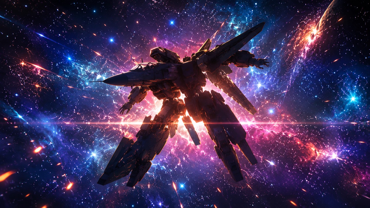 満天の星空をバックに、変形する戦闘機と光の粒が舞う幻想的なシルエット