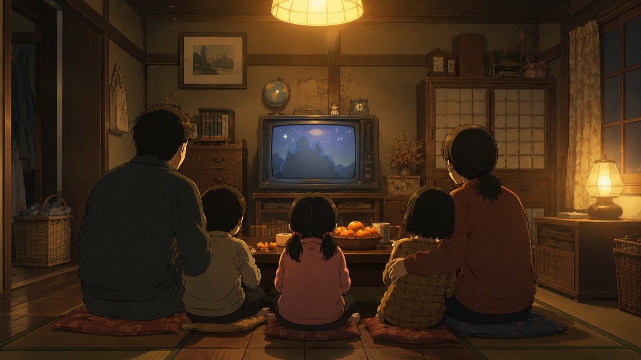 昭和のお茶の間で、ちゃぶ台とみかんを囲み日曜の夜にアニメを見つめる家族の後ろ姿