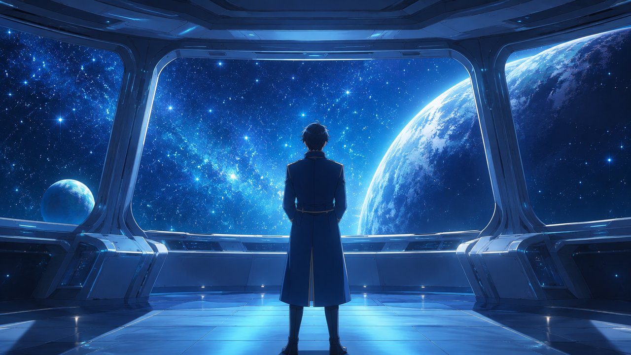 劇場アニメ調セル画。宇宙船の広いブリッジの大きな窓の内側から、外に広がる青い星の海と遥かな惑星を見つめる乗組員の後ろ姿。荘厳で希望に満ちた光