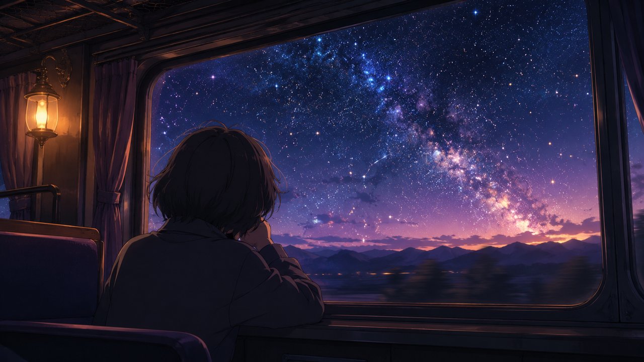 劇場アニメ調セル画。夜汽車の車窓に頬杖をつき、窓の外を流れていく無数の星々を静かに眺める旅人の後ろ姿。哀愁とロマンのある夕闇の色調