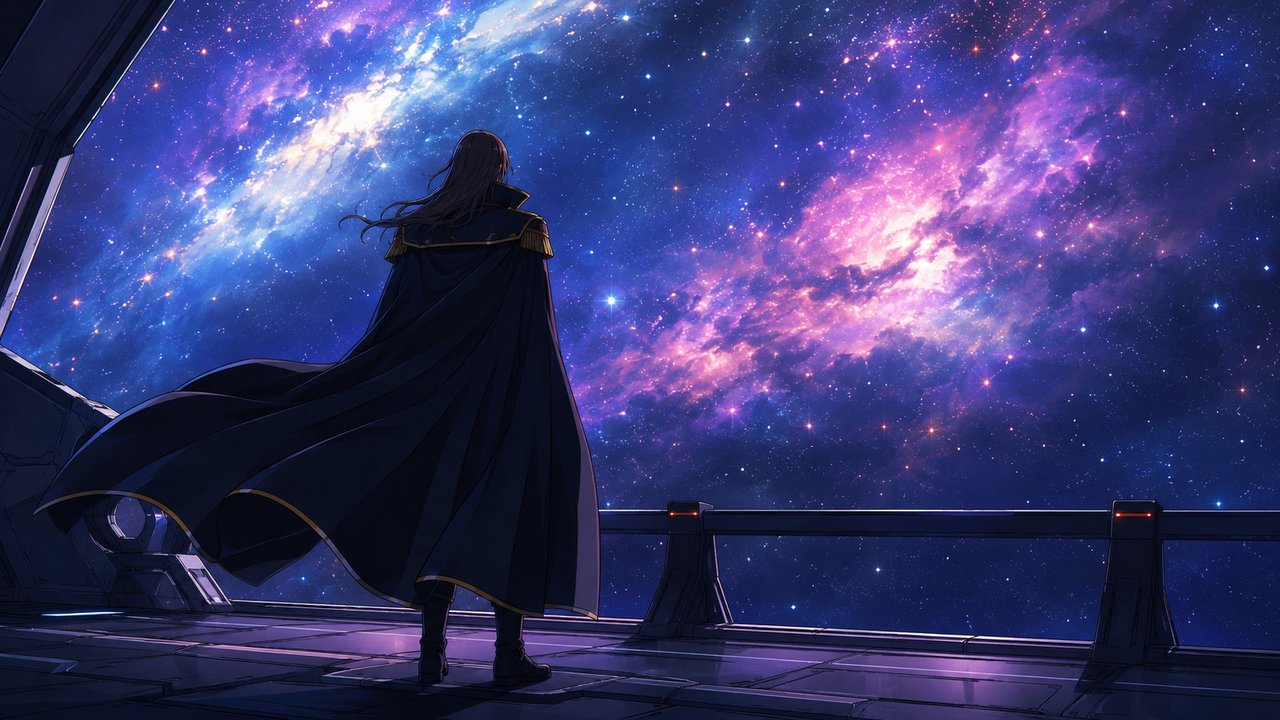 劇場アニメ調セル画。長いマントをまとった孤高の船長らしき人物が、宇宙船のデッキで一人、広大な星雲を背に佇む後ろ姿。凛とした静けさと自由の気配