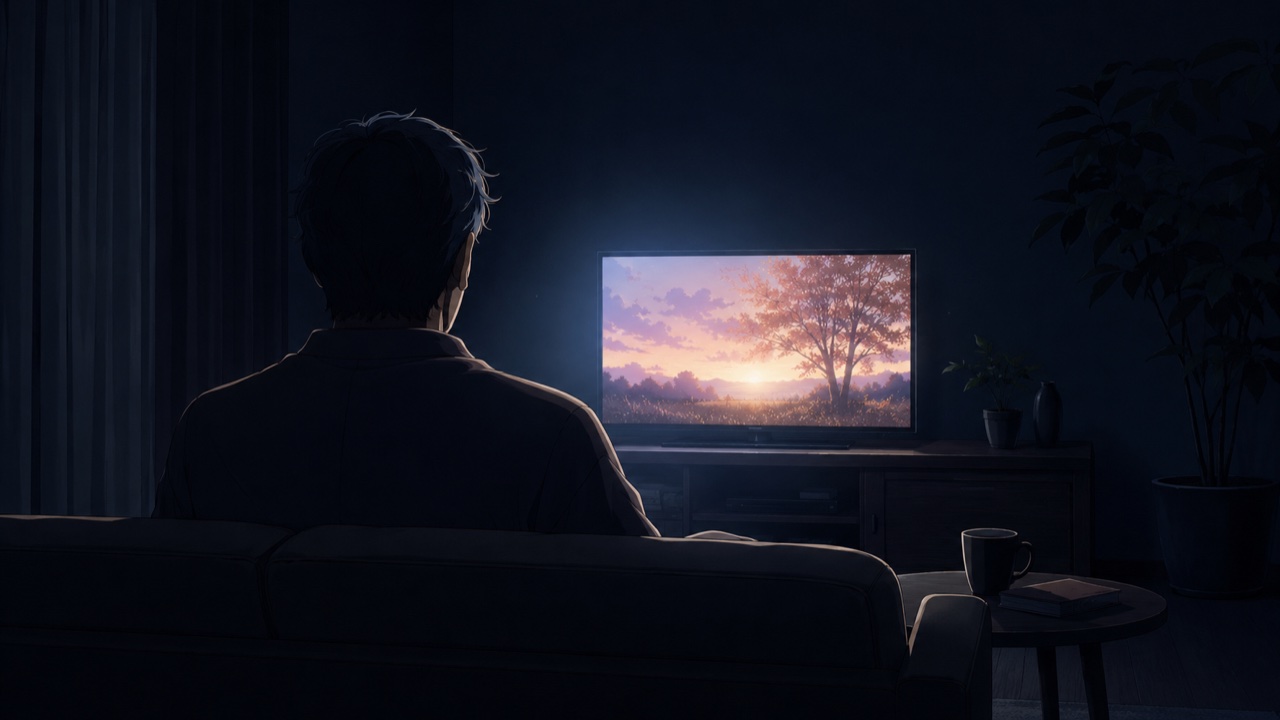 暗くした部屋でひとり静かにテレビの画面を見つめる中年男性の後ろ姿、穏やかな夜の情景