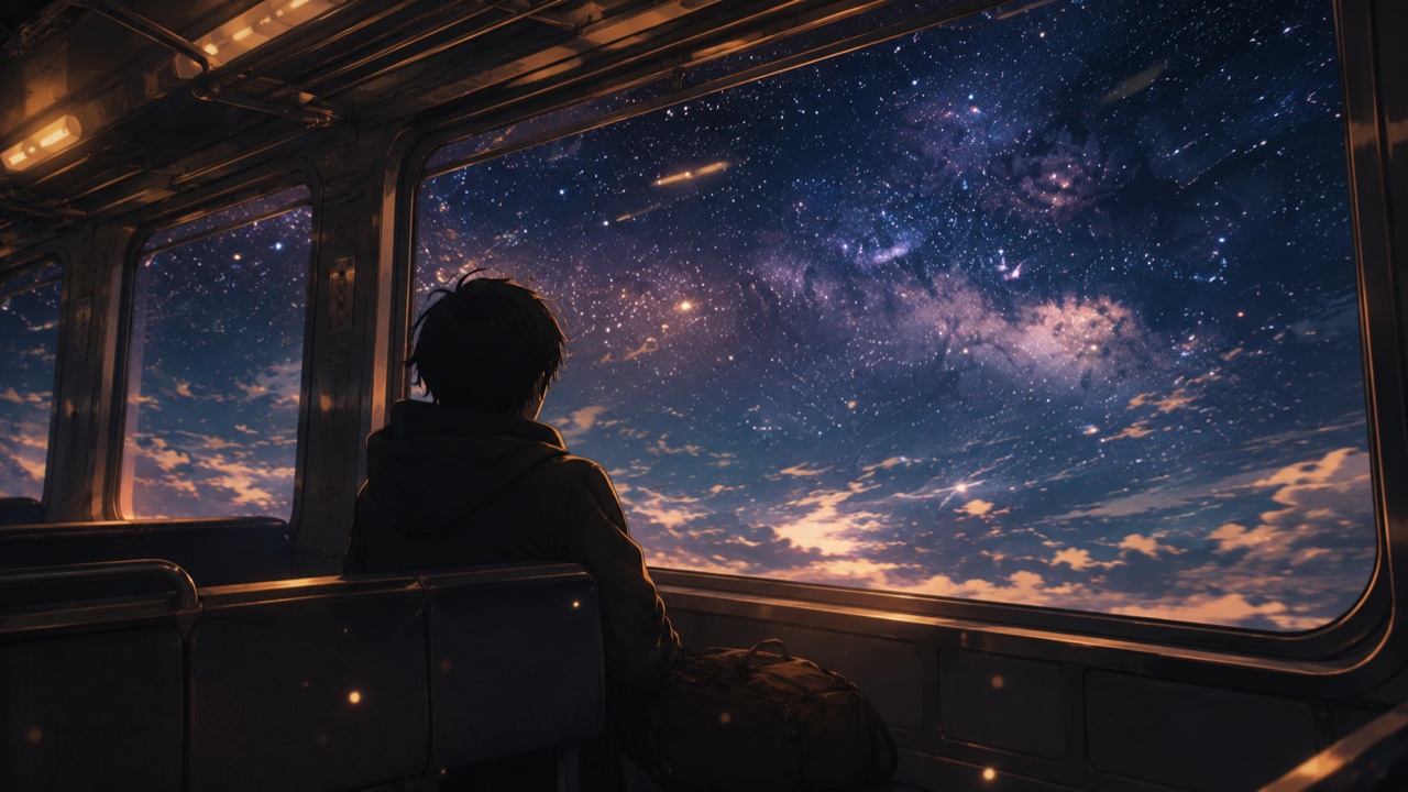 夜空を走る列車の窓辺で、流れる星々をぼんやり眺める旅人のシルエットの後ろ姿