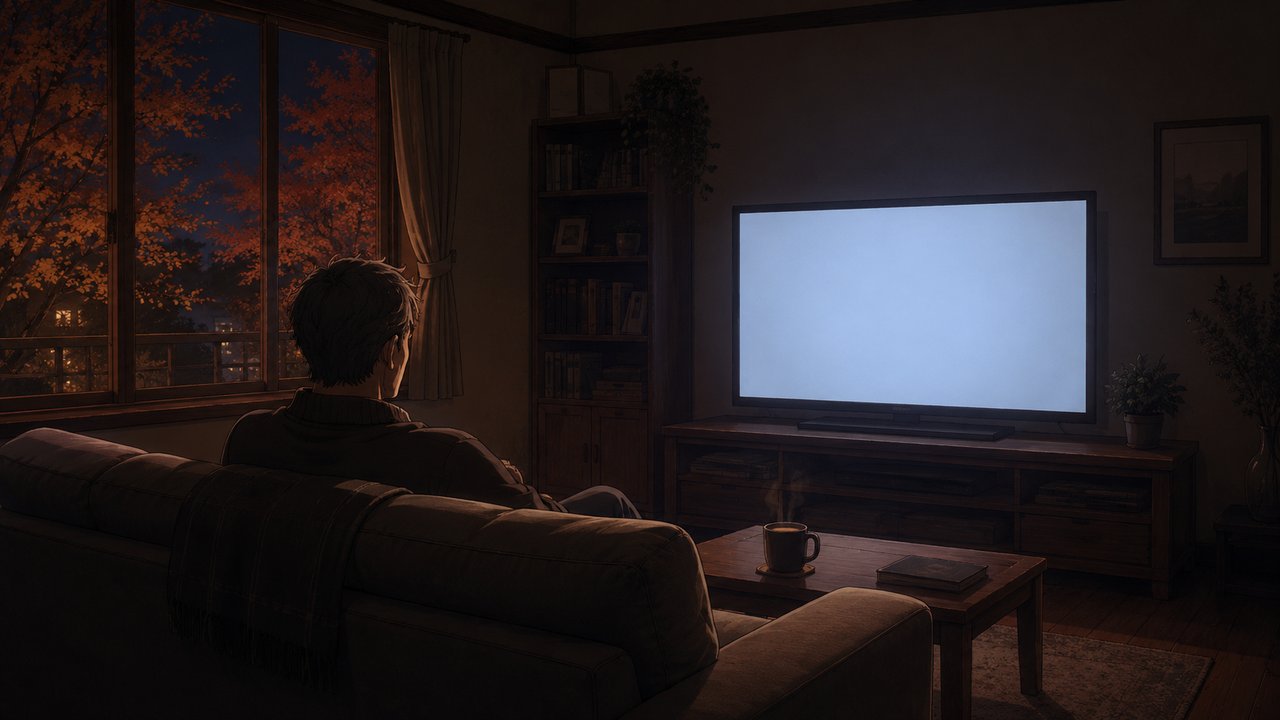 静かな夜、薄暗いリビングでテレビの淡い光に照らされてソファに座る中年男性の後ろ姿