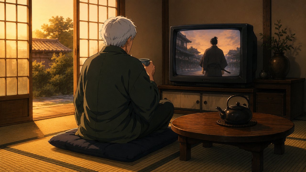 夕日の差し込む畳の部屋で、座布団に座り湯呑みを手にテレビの時代劇を見ている白髪の男性の後ろ姿