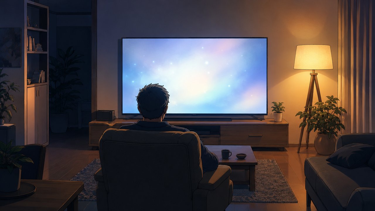 夜のリビングで肘掛け椅子に深く腰掛け、大画面テレビの淡い光を見上げる中年男性の後ろ姿、温かいフロアランプの灯り