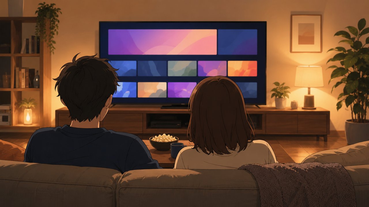 リビングのソファで大画面テレビの動画配信サービス選択画面を眺める夫婦の後ろ姿、温かい照明