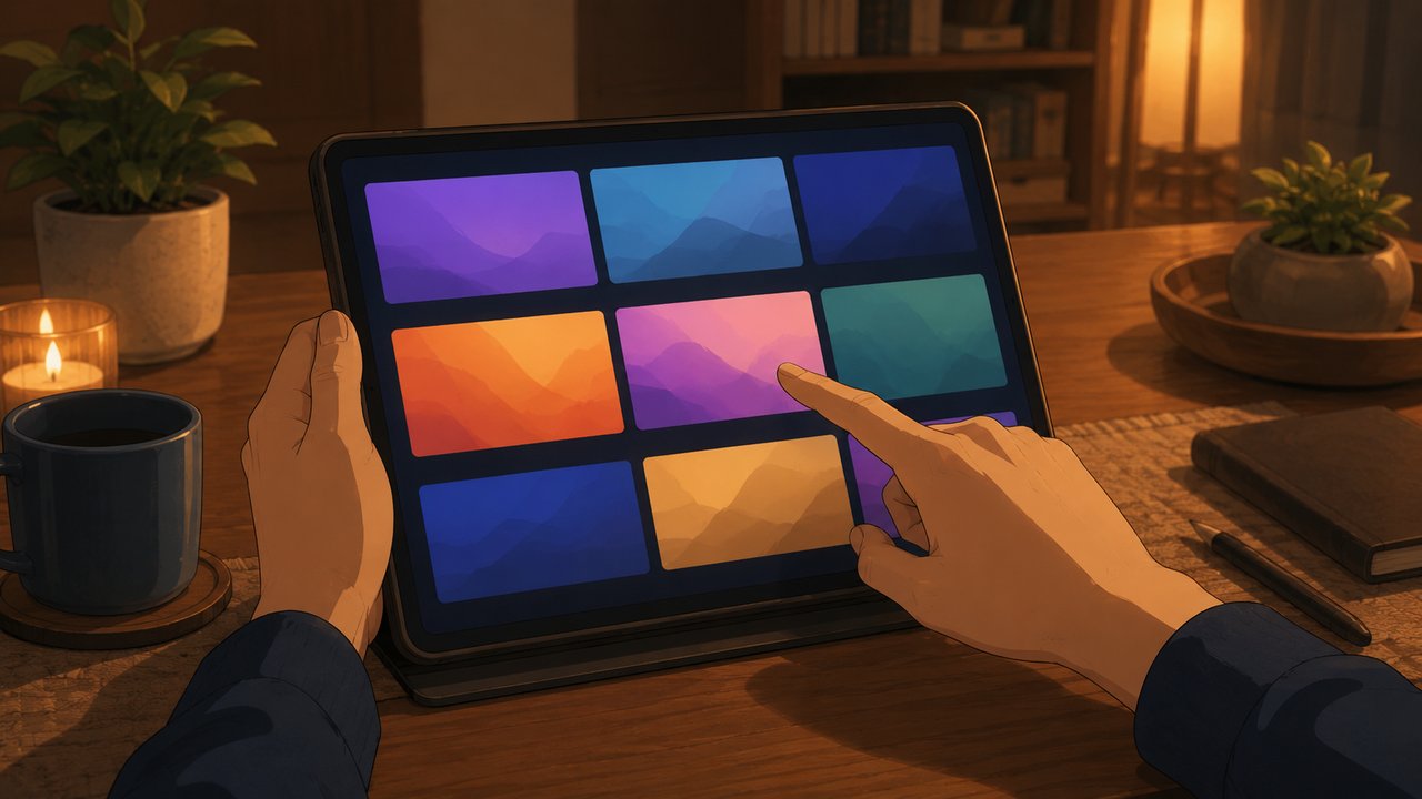 テーブルでタブレットを操作して動画配信サービスを見比べる手元、柔らかい室内光