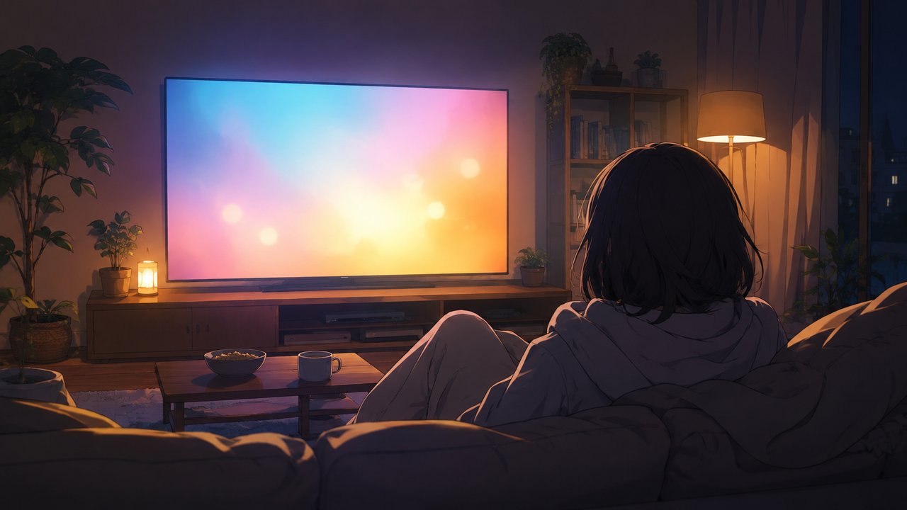 夜のリビングで映画を映す大きなテレビの前でくつろぐ人物の後ろ姿、映画の光