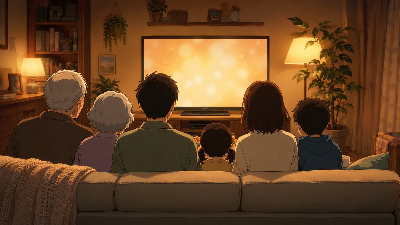 リビングの大きなテレビの前でソファに並んで座る三世代家族の後ろ姿、温かい照明、劇場アニメ調セル画