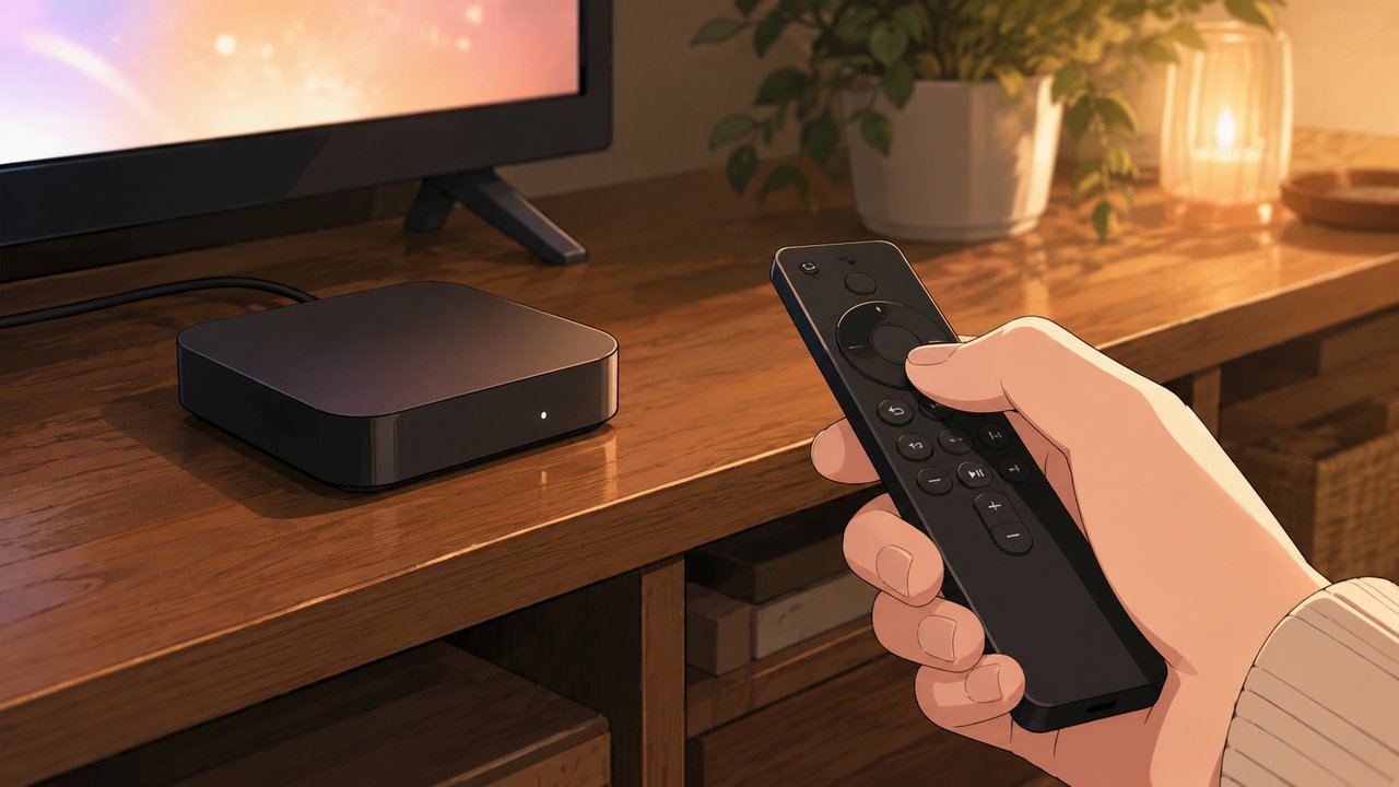 テレビ台に置かれたFire TV Stickとリモコンを操作する手元、リビングの温かい光、劇場アニメ調セル画