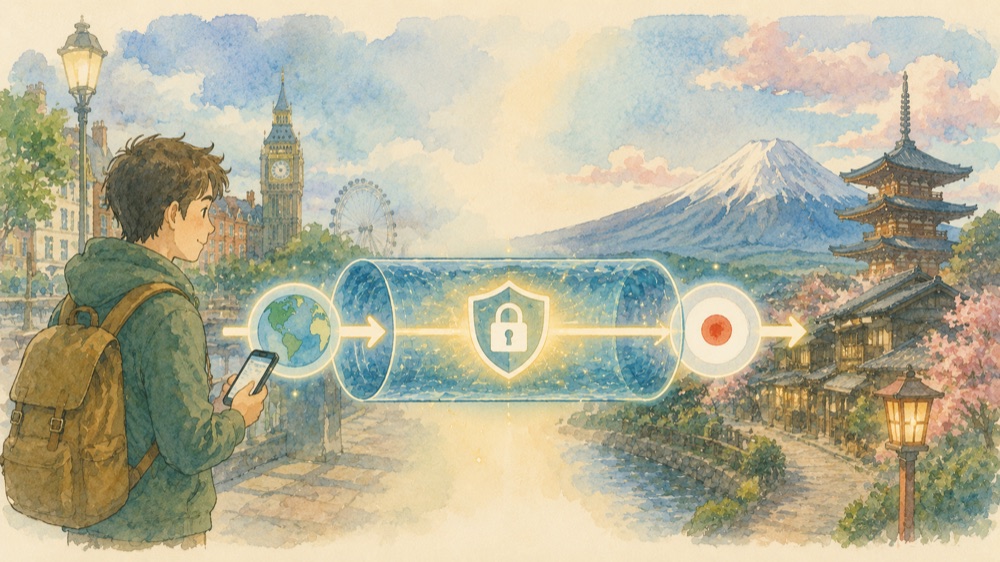 VPNの仕組みのイメージ図。海外にいる人のスマホから、安全なトンネルを通って日本の風景へとつながる様子