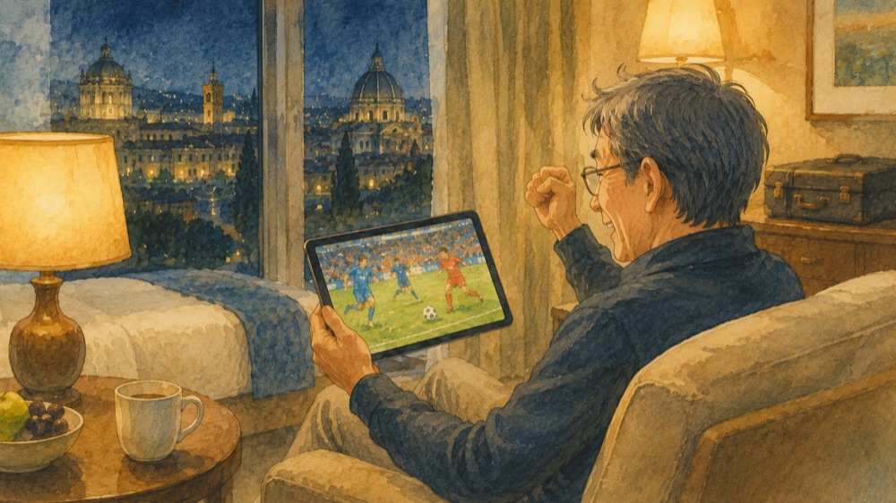 海外のホテルの部屋で、タブレットのサッカー中継を応援しながら見ている年配の男性